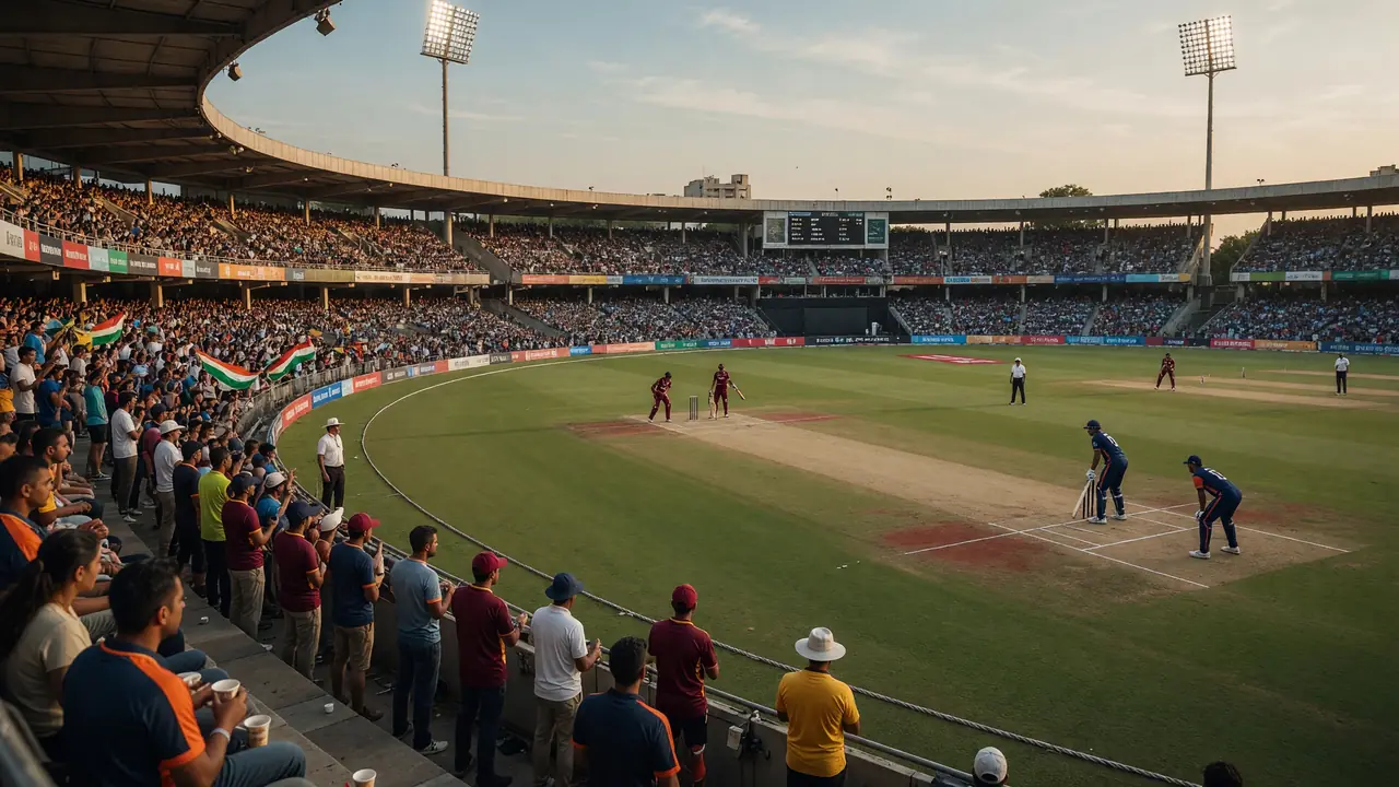 Wide daytime view of a green New Zealand cricket ground with empty outer stands, sight screens and a freshly prepared List A pitch under clear winter light