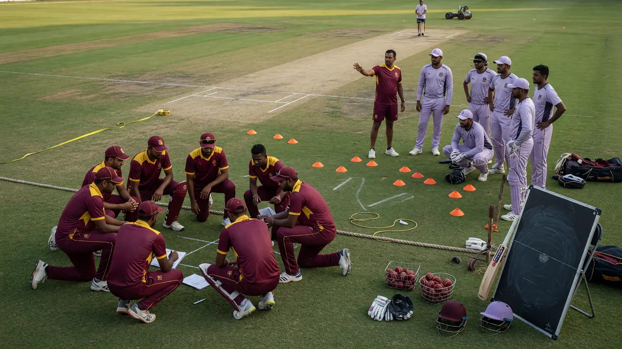 Fielders and a bowling coach discuss a ring-field setting beside practice stumps on a green outfield before a List A match